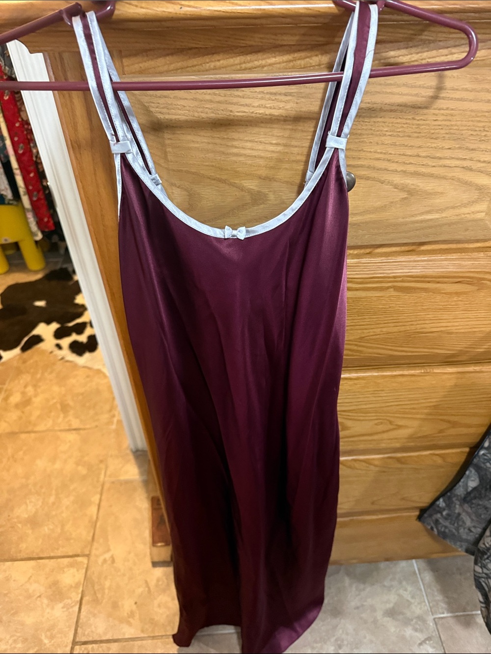 Vintage Satin Slip Dress in Deep Wine with Silver Trim